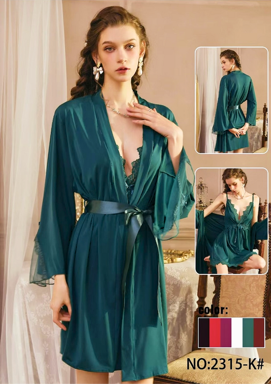 Emerald Elegance 2-Piece Satin & Lace Nightwear Set